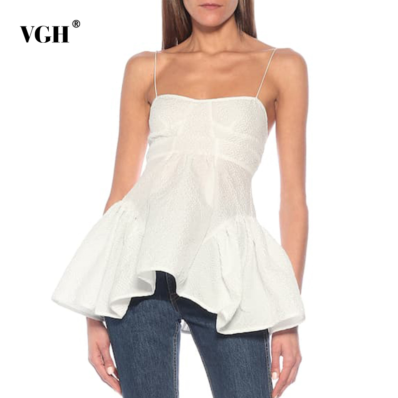VGH White Patchwork Ruffle Vests For Women Square Collar Sleeveless Casual Slim Sexy Camis Female Korean Summer Fashion Clothing 210421