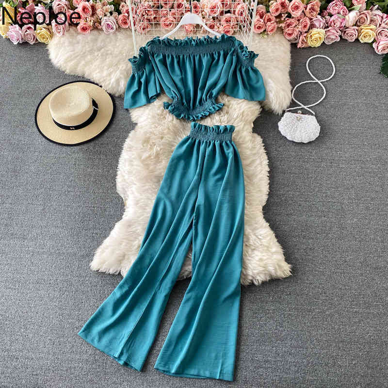 Neploe Fashion Suit Two Piece Outfits for Women Slash Neck Off Shouder Crop Tops Loose Waide Leg Pants Summer Korean 2 Piece Set 210422
