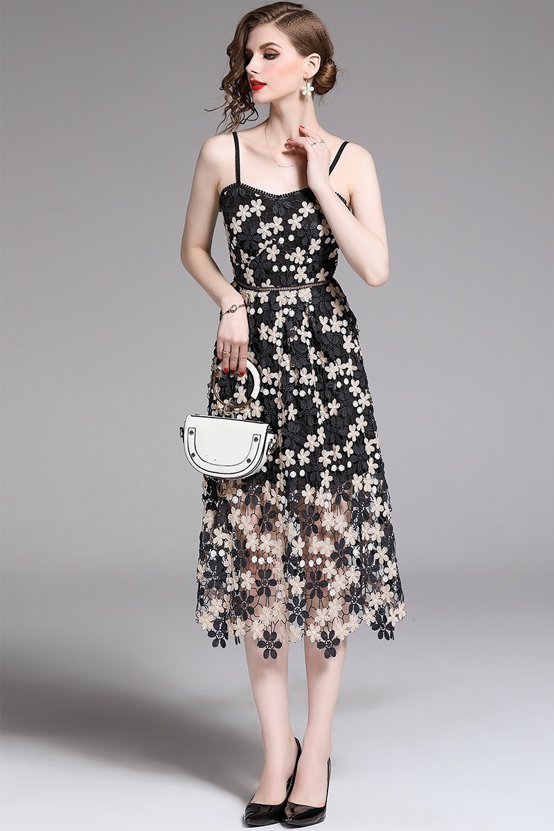 vintage flower embroidery high waist spaghetti robe longue elegant black sexy dress women summer SP lace midi dresses 210421