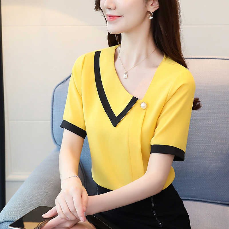 Blouses for Women Summer Tops Short Sleeve Casual Chiffon Blouse Female Work Wear WhiteOffice Shirts Plus Size XXL 210531