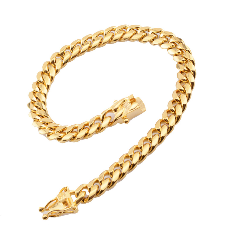 Wolf Tide 8-18mm Cuban Chain Bracelet Gold Stainless Steel Box Lock Curb Link Chains Bracelets Charm Hip Hop Rock Jewelry Bangles Miami Rapper Gifts f