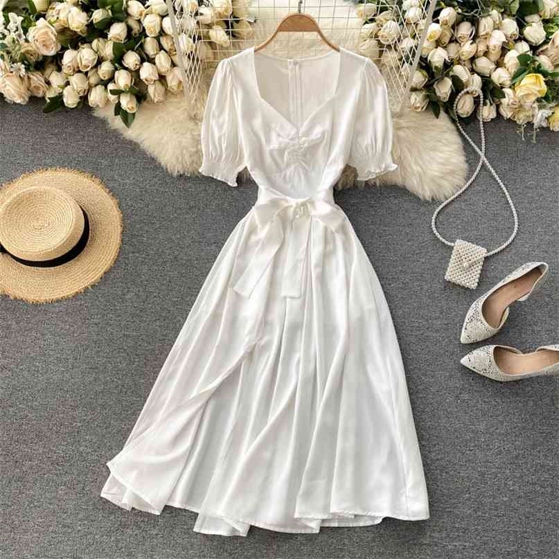 

Summer Dress Women Fashion French Style Short Sleeve V-neck Slim Waist Sash Bowtie Split A-line Casual Midi 210603, White