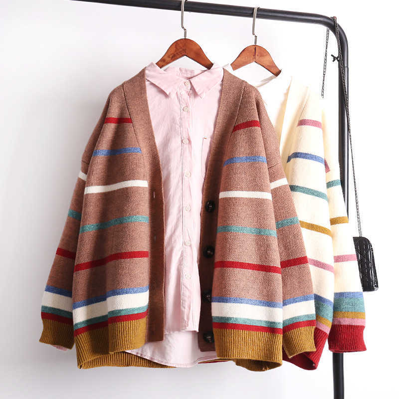 H.SA Women Cardigans and Sweater Girls Colorful Rainbow Striped Knitted Cardigans Oversized Spring Autumn Knit Jacket Coat 210716