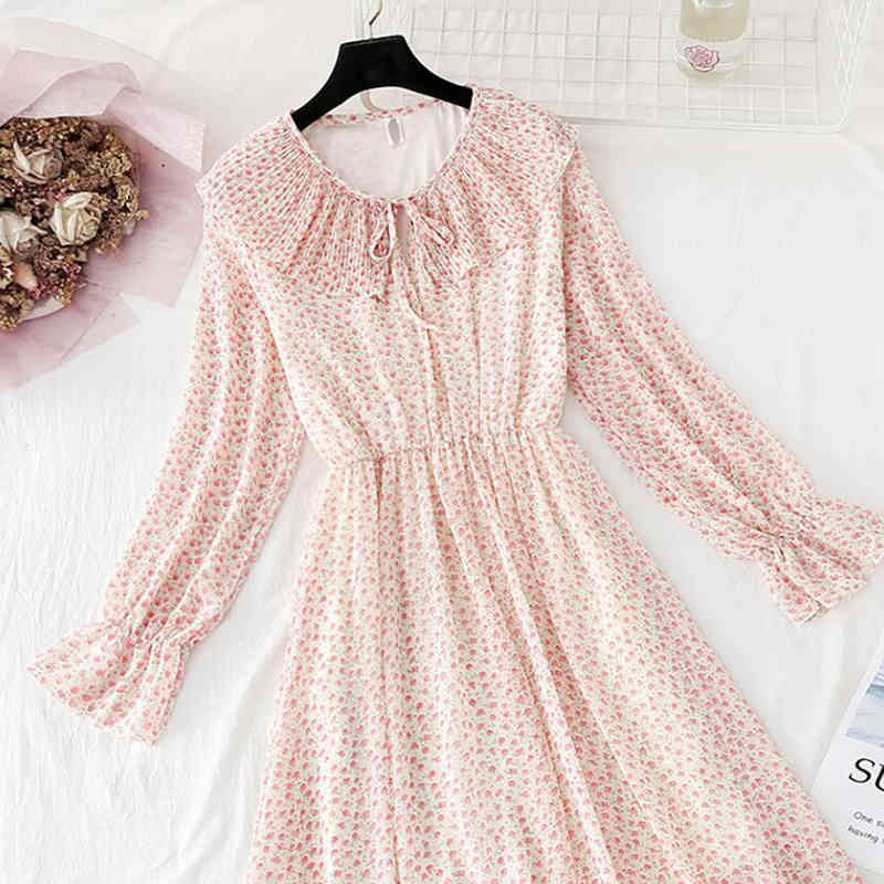 Spring Summer Vintage Print Long Sleeve A-Line Dress Women Sweet Doll Collar Mid-Calf Chiffon Dress Elegant Ruffles Dresses 210521