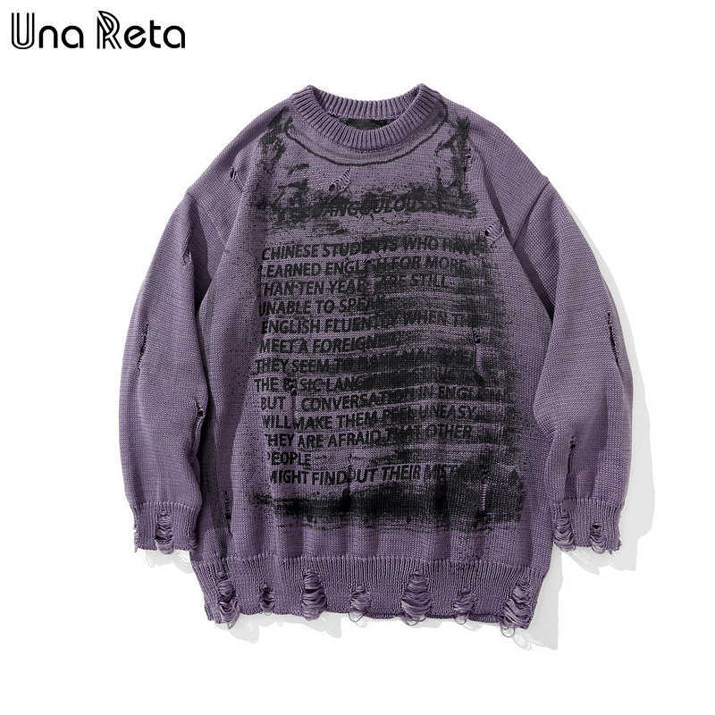 Una Reta Sweater Men Print Streetwear Men Clothes Long Sleeve Pullover Men Pull Homme Loose Hole Couple Sweater 210818