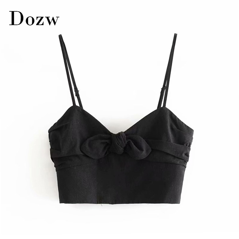 Sexy Spaghetti Strap Black Tops For Women V Neck Bow Holiday Beach Croptop Summer Skinny Sleeveless Lady Tank Cropped Feminino 210515