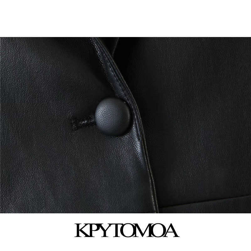 KPYTOMOA Women Fashion Faux Leather Single Button Blazers Coat Vintage Long Sleeve Pockets Female Outerwear Chic Tops 210930
