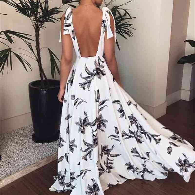 Women Dress V-Neck Sleeveless Sling Floral Flower Print Plus Size Maxi Beach es White Fashion 210513