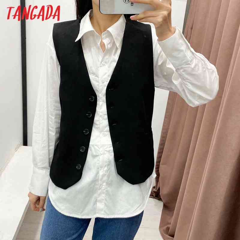 Women Black Short Vest Jacket Office Ladies Wear Casual Suit Waistcoat Pockets Outwear Tops QD08 210416