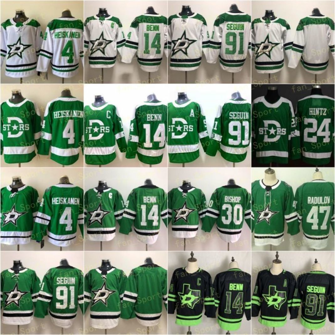 

Dallas Stars Jersey Hockey 14 Jamie Benn 91 Tyler Seguin 4 Miro Heiskanen 24 Roope Hintz 30 Ben Bishop 47 Alexander Radulov Black Out Green Stanley Cup Finals, As