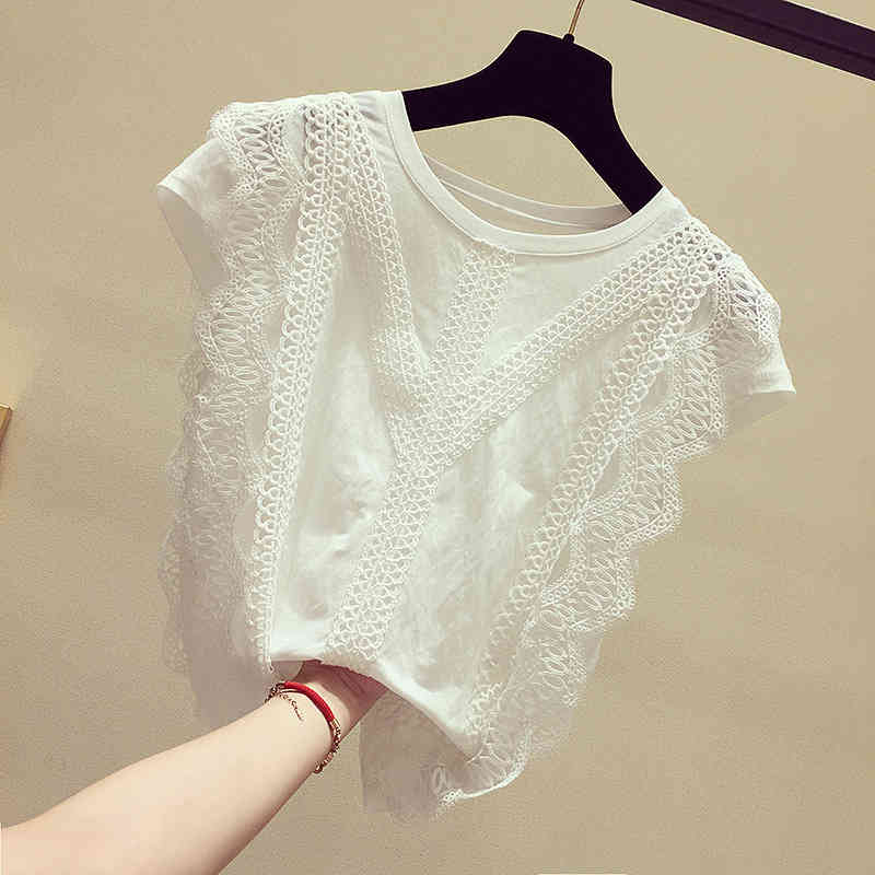 Summer Korean Fashion Clothing Plus Size Solid Sleeveless Women Tops and Blouses Lace Patchwork Spliced Shirt Blusas 4835 210518