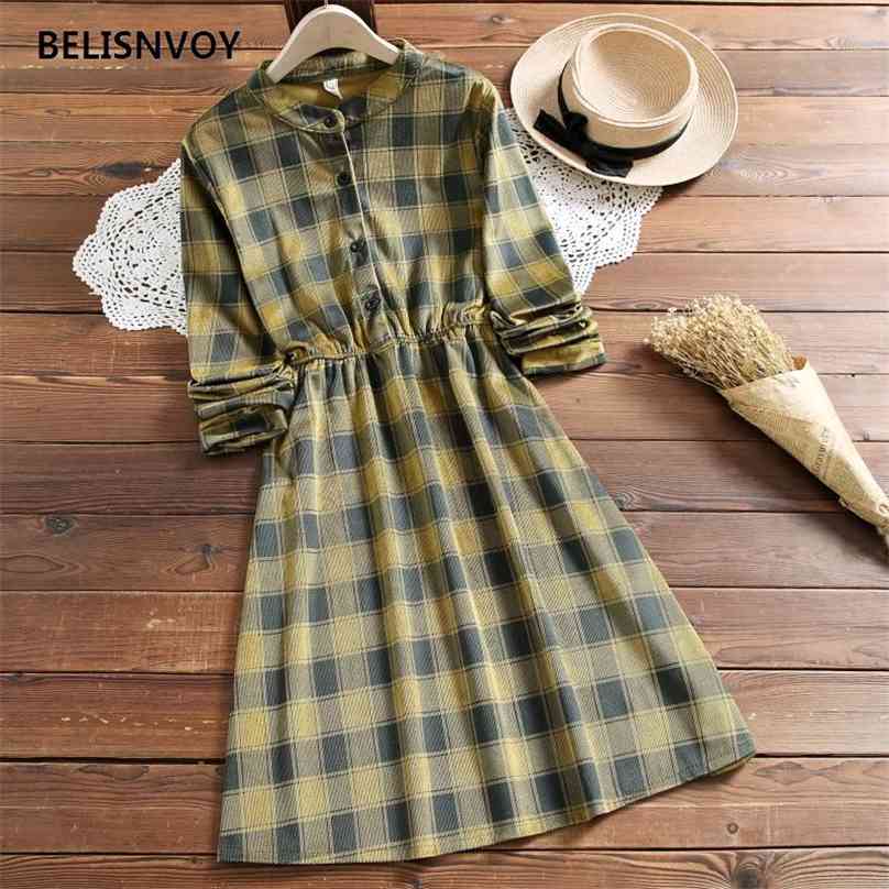 Winter Spring Autumn Corduroy Dress Long Sleeve Elastic Waist Midi Shirt Plaid Vintage Fashion Office Lady es Woman 210520, Blue 
Winter Spring Autumn Corduroy Dress Long Sleeve Elastic Waist Midi Shirt Plaid Vintage Fashion Office Lady es Woman 210520, Blue