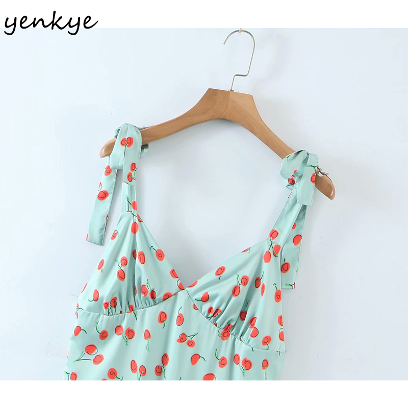 YENKYE Sexy Sling Summer Beach Dress Women Sweet Cherry Print Dress Female Backless Sleeveless V Neck A-line Satin Short Robe 210515
