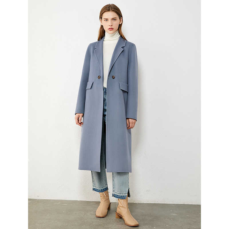 Minimalism Winter 100%wool Women's Coat Temperament Lapel Knee-length Double-sided Woolen Women 12030467 210527