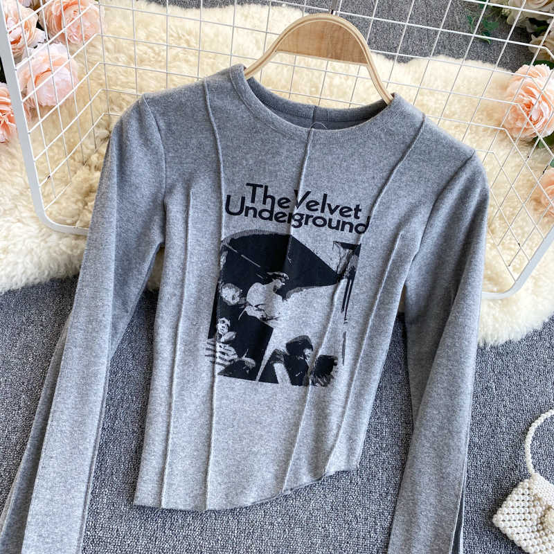 Lady Basic Long Sleeve T-shirt Women's Spring Round Neck Print Irregular Short To Ins Casual Clothes Q750 210527
