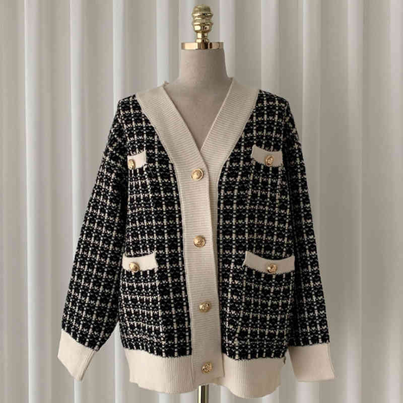 Vintage V Neck Women Knitted Sweaters Coat Korean Chic Plaid Female Cardigans Sueter Mujer Jacket 210519