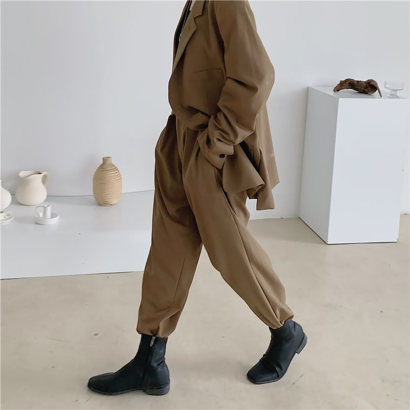 OL Elegant Office Lady Loose Women Blazers+Stylish High Waist Straight Solid Pants Suits All Match 2 Piece Sets 210421