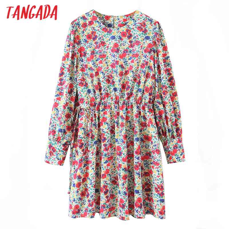 Women Flowers Pleated O Neck Long Sleeve Ladies Vintage Mini Dress Vestidos SL541 210416