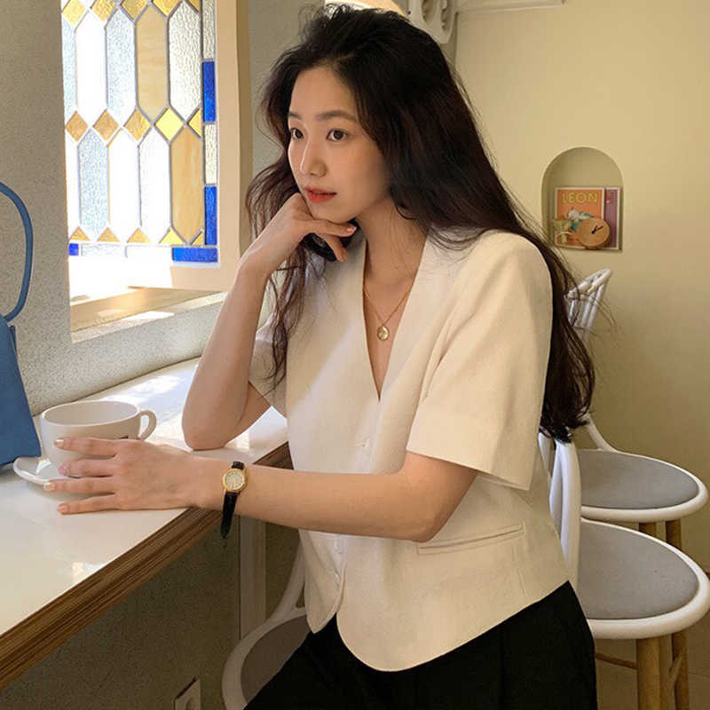 Korejpaa Women Shirt Korean Fashion Chic Summer Simple V-neck Single-line Buckle Loose Casual Short-sleeved Blouse Top 210526