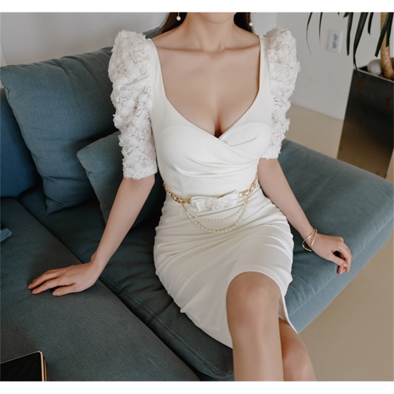 Fashion V-Neck Lace Puff Sleeve Women Pencil Dress Summer Solid Office OL Female White Bodycon es Vestidos femme 210519
