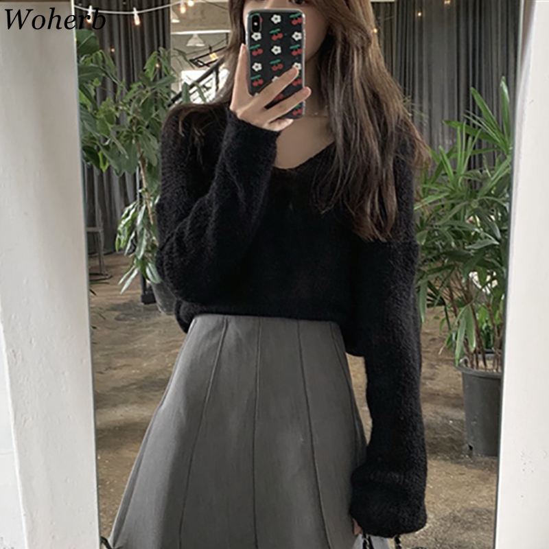 Chic Mohair Thin Hollow Out Tops Women Capes Pullover Vintage Summer Jumper Femme Korean Crop Knitwear 210422