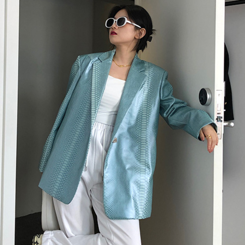 Autumn Women's Blue Green Snake Print PU Leather Blazer Casual Loose Lapel Long Sleeve Suit Coat Trend ZC174 210427
