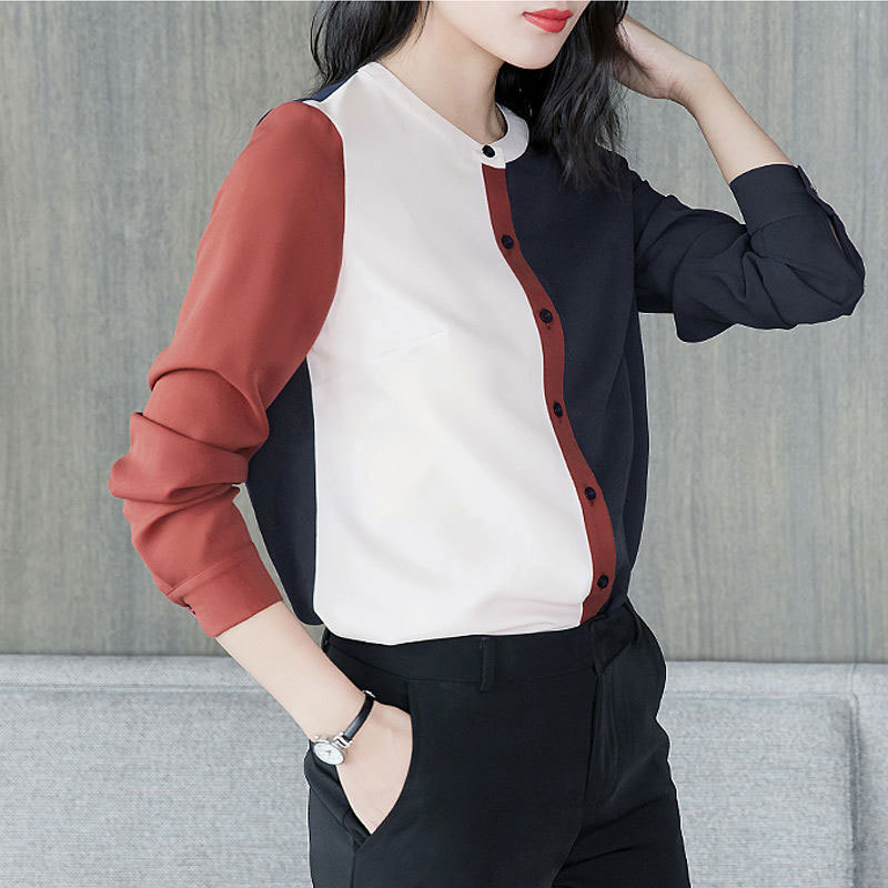 Spring Summer Office Lady Shirts Long Sleeve Patchwork Chiffon Shirt All-matched Casual Ladies Tops Women Blouses D194 210512