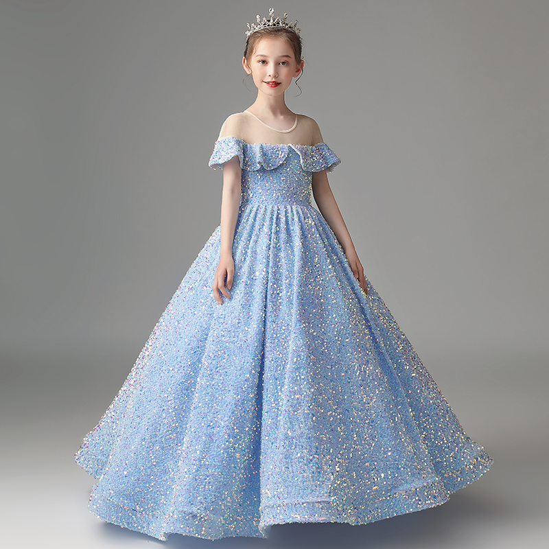 Fancy Light Sky Blue Flower Girls' Dresses Sheer Neckline Sparkling Shining Sequins Fabric Ball Gown Girl's Party Gowns