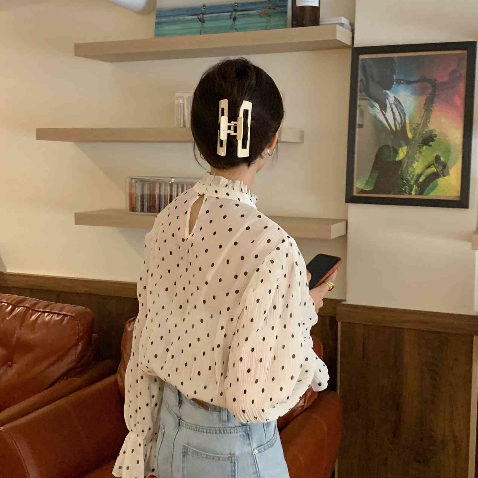 Nomikuma Korean Dot Chiffon Women Blouses Causal Stand Neck Flare Long Sleeve Shirt Causal Perspective Blusa Feminimos 6D747 210427