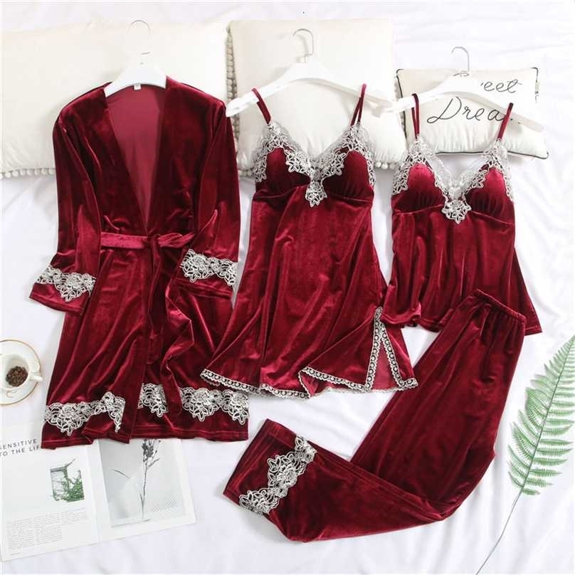 JULY'S SONG Women Velvet Pajamas Set 4 Pieces Warm Sexy Lace Winter Sleepwear Sling Nightdress Homewear Plus Size Robe 211106, 03
JULY'S SONG Women Velvet Pajamas Set 4 Pieces Warm Sexy Lace Winter Sleepwear Sling Nightdress Homewear Plus Size Robe 211106, 03