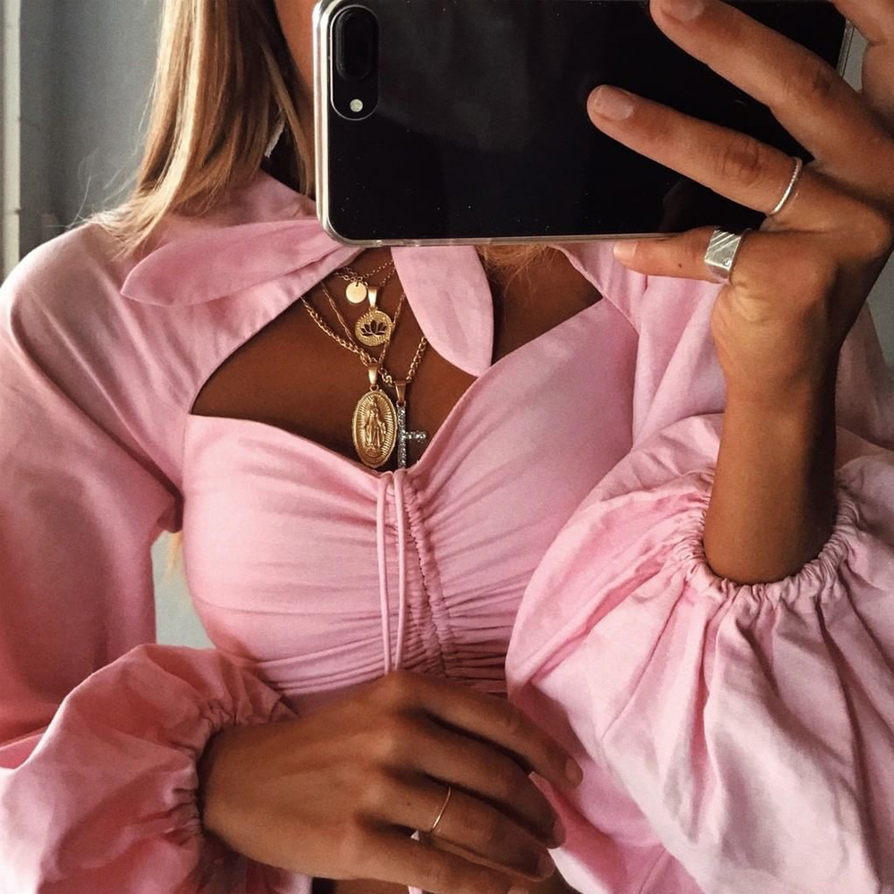 vintage lantern sleeve ruched blouse tops women autumn winter bowknot front cut pink crop chic blusa mujer 210427