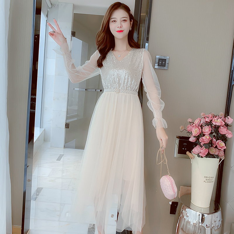 Sequins and Pearl Dresses Women Autumn Mesh Dress with Belt Pink Vneck Elastic High Waist Flare Long Sleeve Vestidos 12025 210417