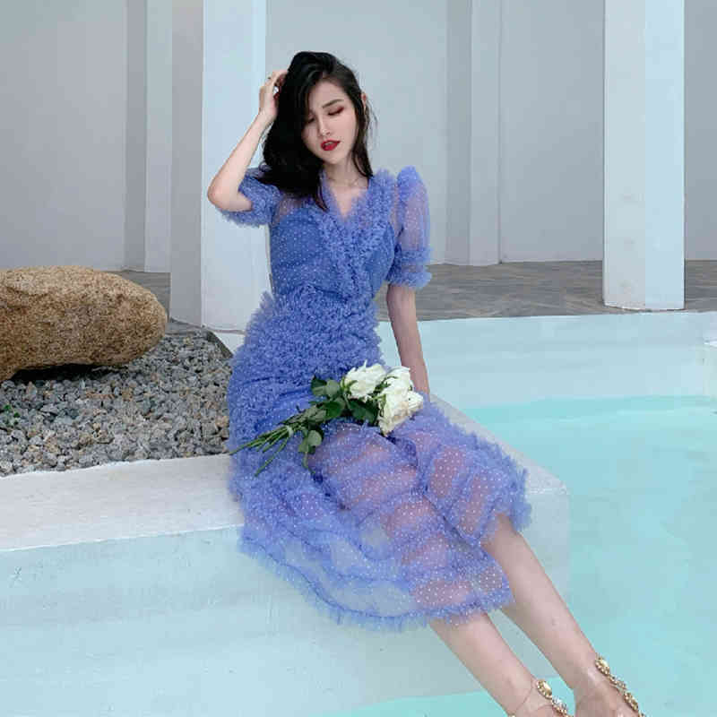 VGH Patchwork Mesh Dot Dress For Women V Neck Short Sleeve High Waist Hit Color Summer Dresses Female Fashion New Tide Clothing 210421