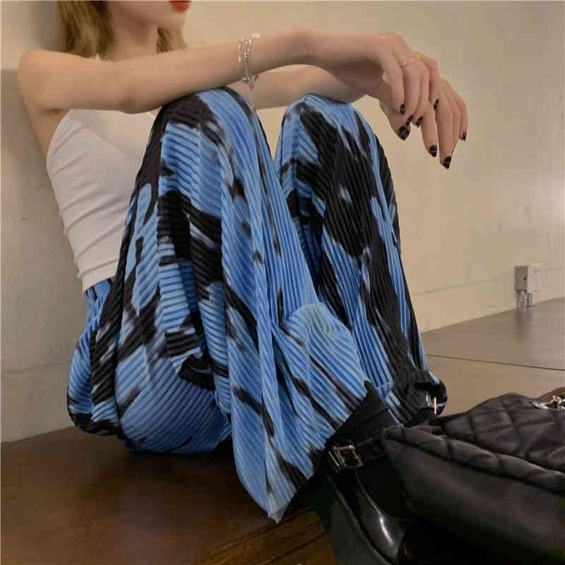 Pants & Capris Thin Summer Blue High Waist Tie-dye Wide-leg Women Casual Straight Loose Mopping Trousers Street Retro 210429