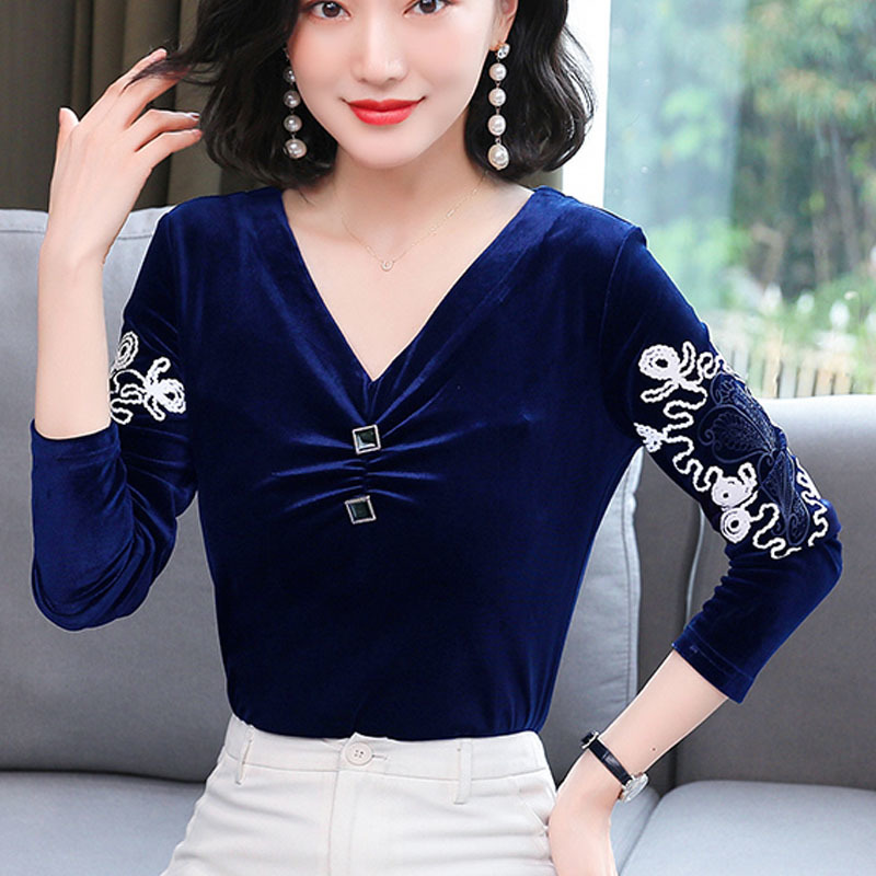 Womens clothing Black Korean V-neck Printed velvet Velour Long Sleeve Embroidery Blusas Top Women Blouse Shirts 827A 210420