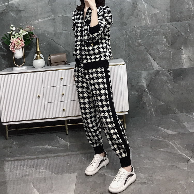 Women Fall Knit Sweatshirts Suit Knitted Tracksuit Houndstooth Black 2 Piece Set Zipper Plaid Cardigan Coats Pants Two 210506
