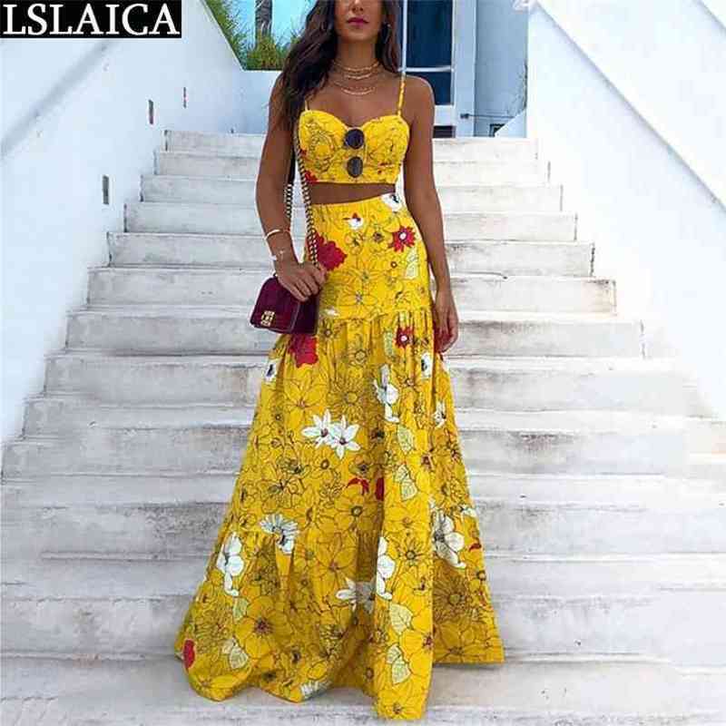 Fashion Plus Size Sets Crop Tops&long Skirt Flower Print Sexy Bohemian Set Woman 2 Pieces Summer Beach Holiday Dress 210515