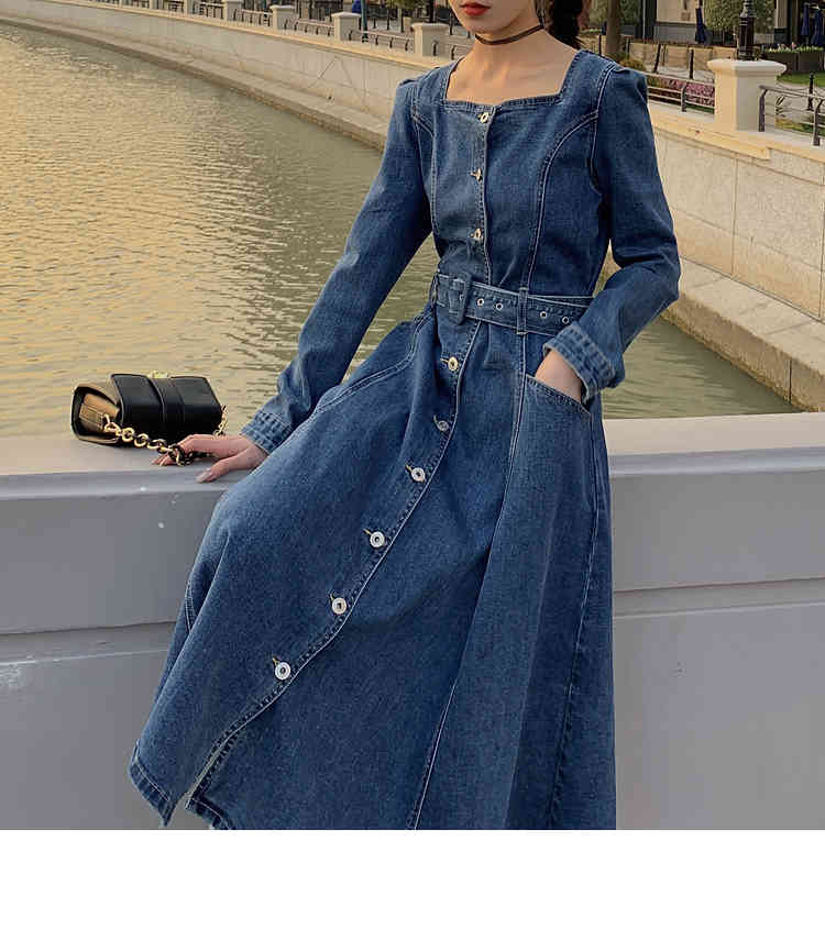 Denim Dress Women Korean Spring Temperament Elegant Square Collar Retro Single-Breasted Casual Slim Long Vestidos 210519