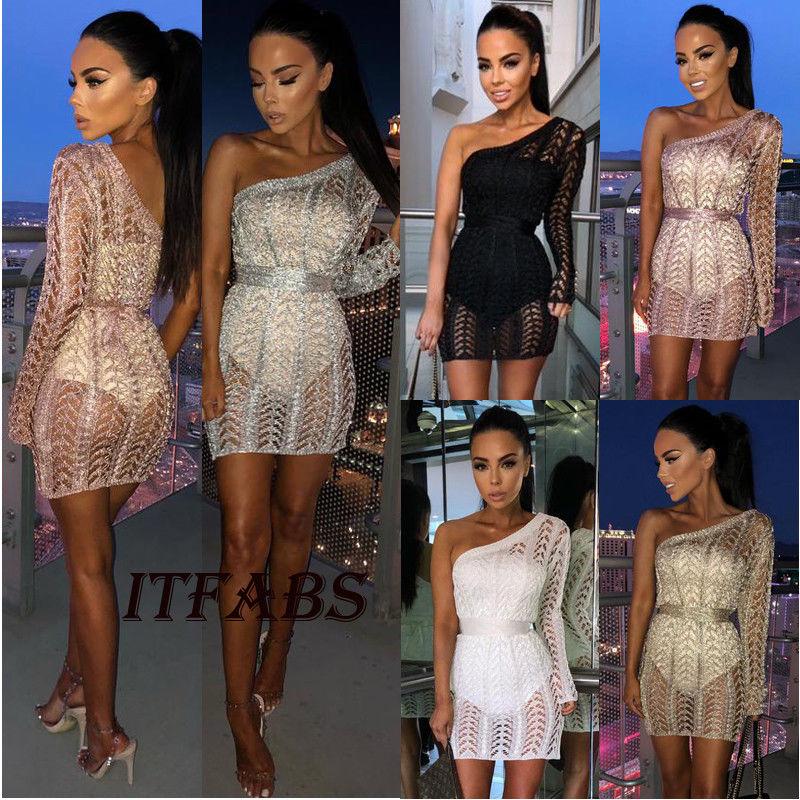 Women Autumn Clothes One Shoulder Single Long Sleeve Sexy Slim Knit Dress Clubwear Casual Outfit Regular Size Pullover Dresses