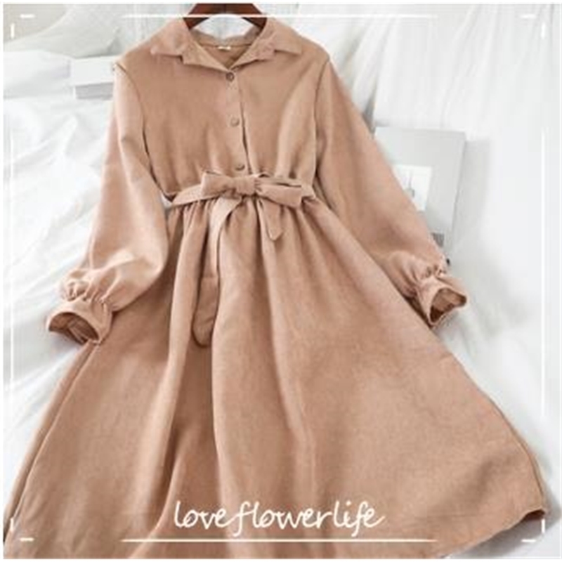 LoveFlowerLife Autumn Women Ladies High Waist A-Line Dress Long Sleeve Vestidos Long Dress Tie Bow with Belt Vintage Dresses 210521