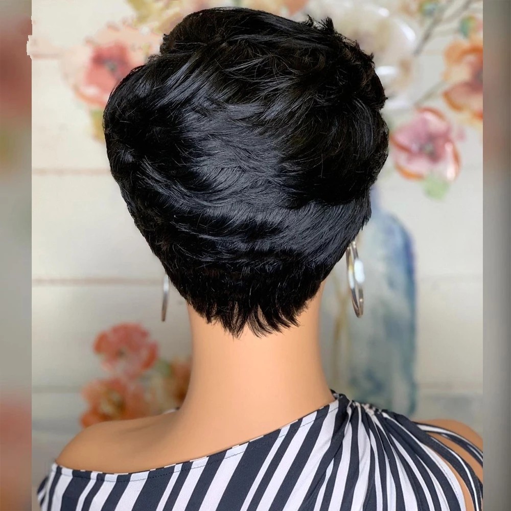 Short Straight Bob Pixie Cut Non Lace Front Human Hair Wigs With Bangs For Black Women Brazilian Wig
