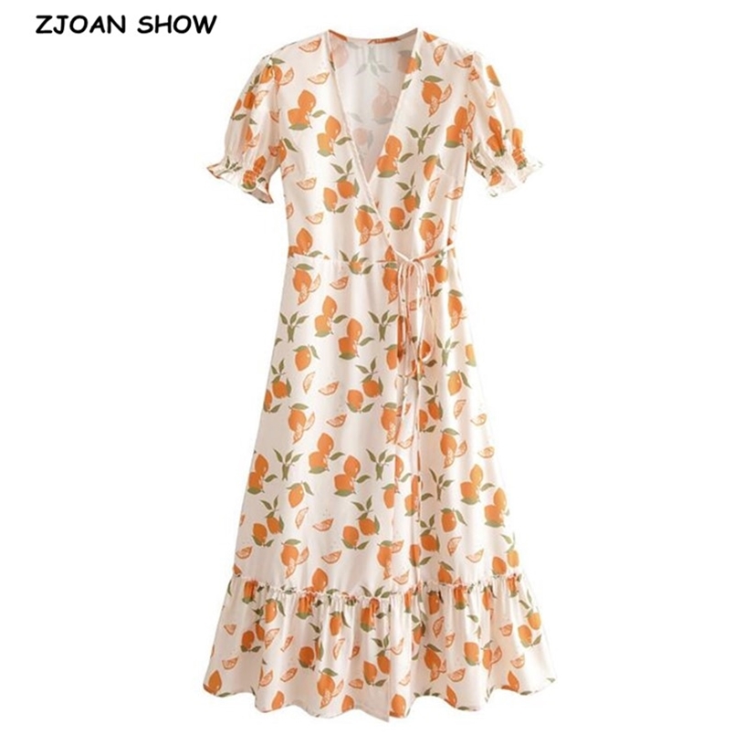 France style Fruits Floral Short Sleeve Wrap Dress V neck Lace Up Knot Midi Vintage Print Mid Calf Vacation es Women 210429