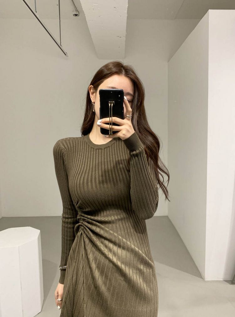Women Long Sleeve Sweater Dress Drawstring Casual Autumn Winter O-Neck A Line Knitted Vestido Da Festa 210520