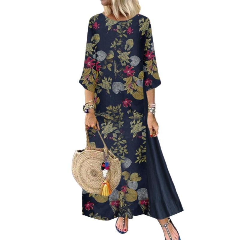 Plus Size Women 3/4 Sleeve O Neck Floral Leaves Print Stitching Loose Maxi Dress Casual Dresses