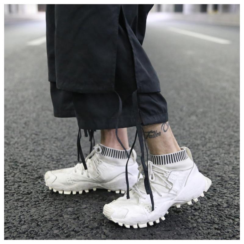 European And American High Street Dark Fan Can Tie Ribbons Layered Stitching Slits Loose Casual Six-point Wide Pants Men's