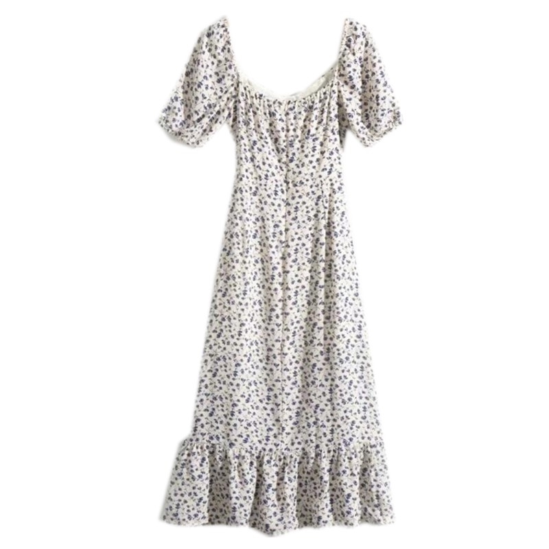 Vintage France Style Elegant Floral Print Slim Short Sleeve Dress Chic Ruffles A-line Midi Women Dresses Back zipper 210429