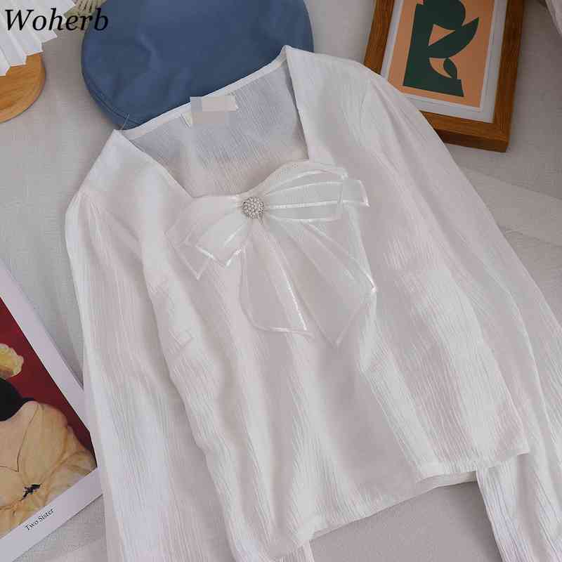 Sweet Square Collar Crop Short Tops Women Bow Beading Fashion Long Sleeve Blouse Summer Casual All Match Blusas 210519