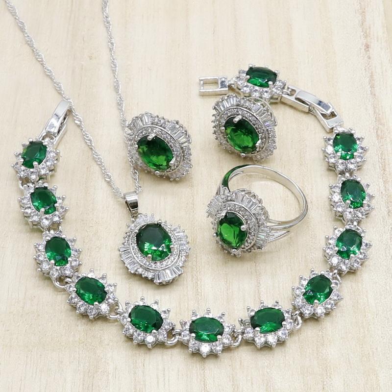 Wedding Jewelry Sets Green Crystal White CZ Silver For Women Bracelet Necklace Pendant Earrings Ring Birthday Bridal, Slivery;golden 
Wedding Jewelry Sets Green Crystal White CZ Silver For Women Bracelet Necklace Pendant Earrings Ring Birthday Bridal, Slivery;golden