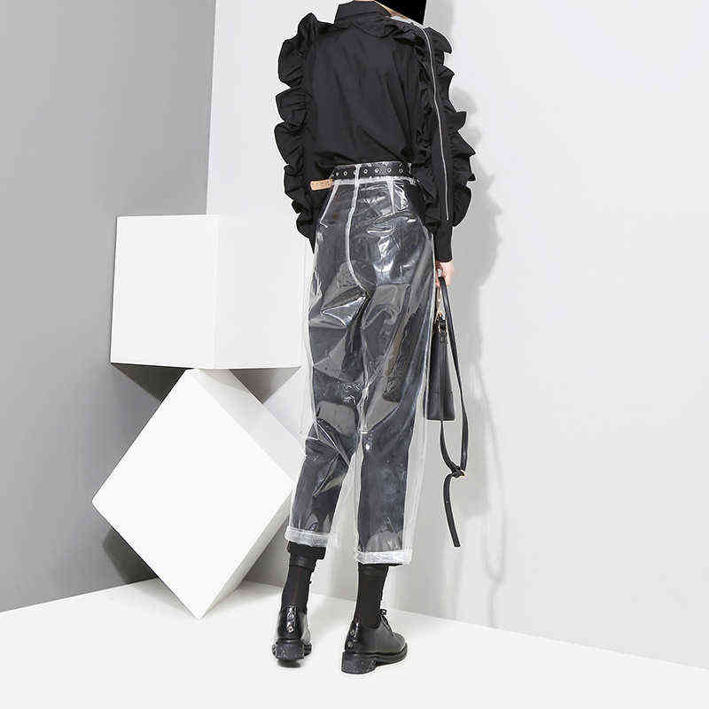 [EAM] auutmn Fashion Pattern Korean Style Transparent Color Pants Woman Ankle-length YA84900 211115