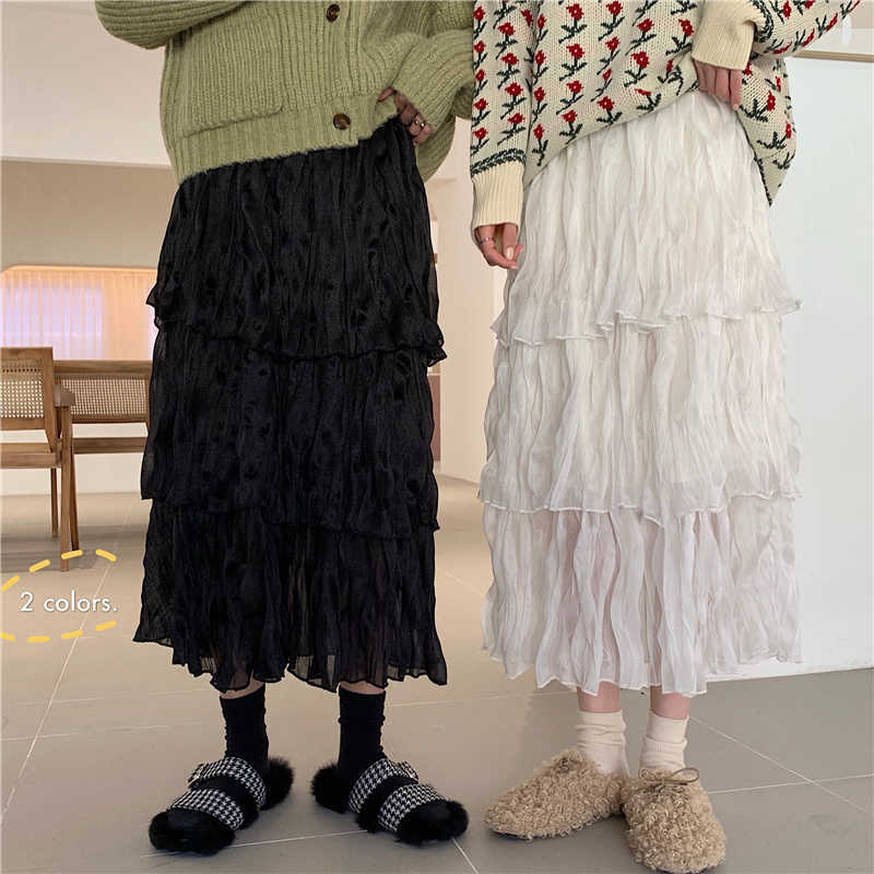 Alien Kitty Maxi Chiffon Skirt Women Fashion Korean Elastic High Waist Cake Long Skirts Female Lady Black White Bottoms 210621